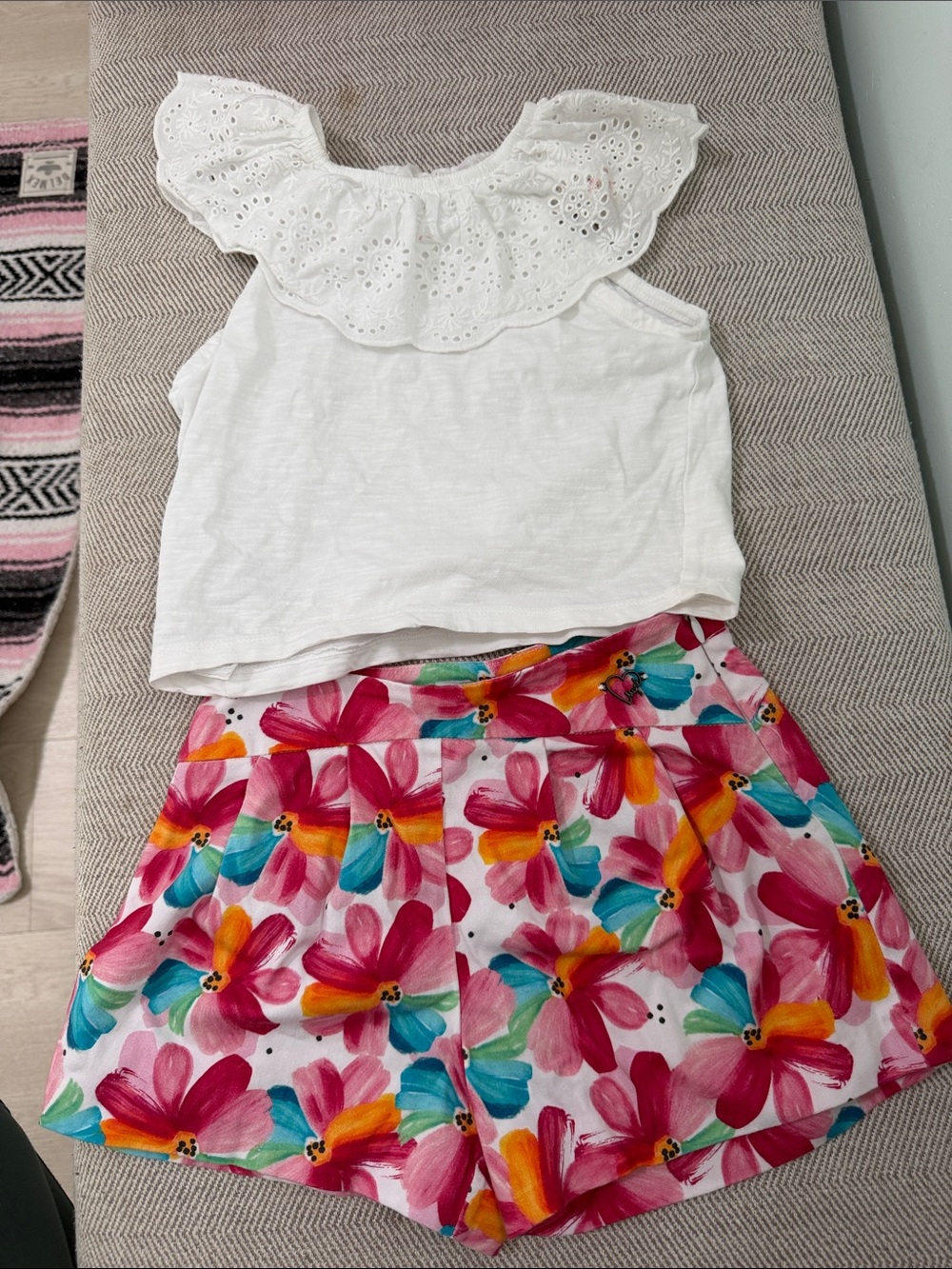 Mayoral White Eyelet Ruffle Tank with Bright Floral Shorts